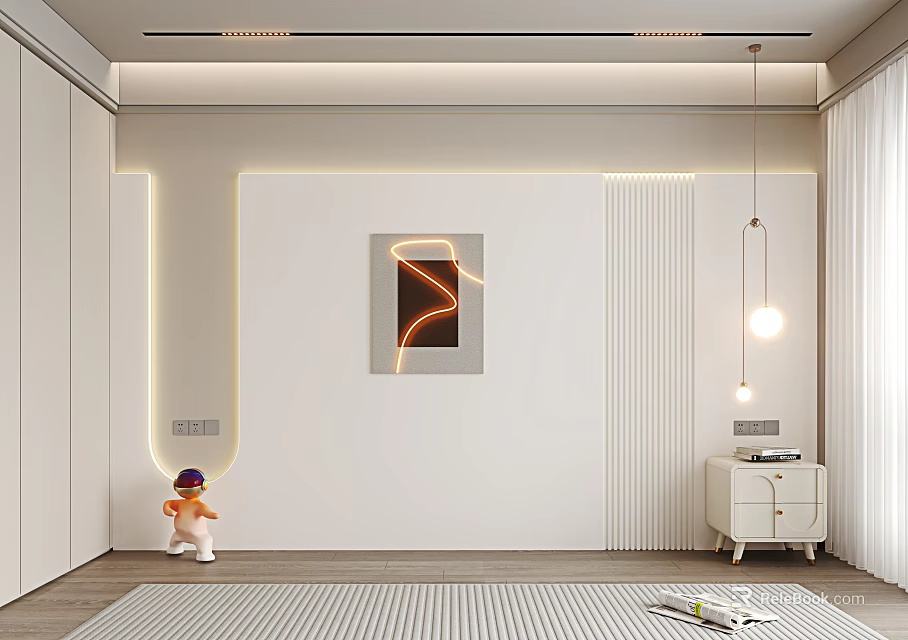 Modern Interior Design With Sofa Background Wall Beige Lighting Strips Geometric Art And Pendant Lights 3d model 