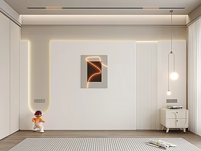 Modern Interior Design With Sofa Background Wall Beige Lighting Strips Geometric Art And Pendant Lights 3d model