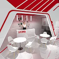 Modern Red And White Exhibition Booth With SATI Logo Display Screen And Person