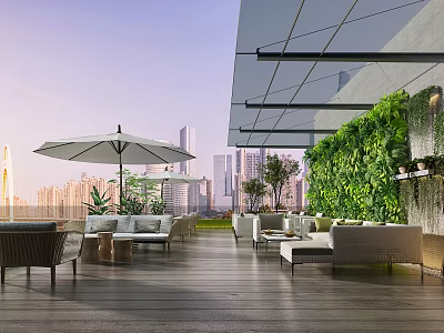 Modern Villa Balcony Outdoor Seating Green Wall City Skyline View And Wooden Deck 3d model