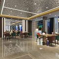 Modern Spacious Restaurant Interior With Dining Tables Colorful Chairs And Pendant Lights