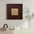 Abstract Painting with Orange White Grid Pattern Dark Frame Wall Mounted and Clear Vase Greenery 3d model