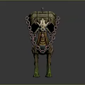 Mythical Green Gold Mechanical Bull Creature With Skeleton Head Metal Armor And Red Sword
