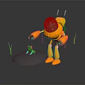 Game Movie Character Orange Robot With Yellow Antennas Transparent Head Mechanical Arms And Green Frog