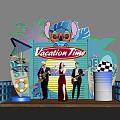 Vacation Time Themed Photo Spot With Neon Lights Palm Trees Surfboard And Band Members