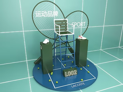LACOSTE Sport Themed Photo Check in Spot with Tennis Rackets Chair and Sneakers on Blue Base 3d model