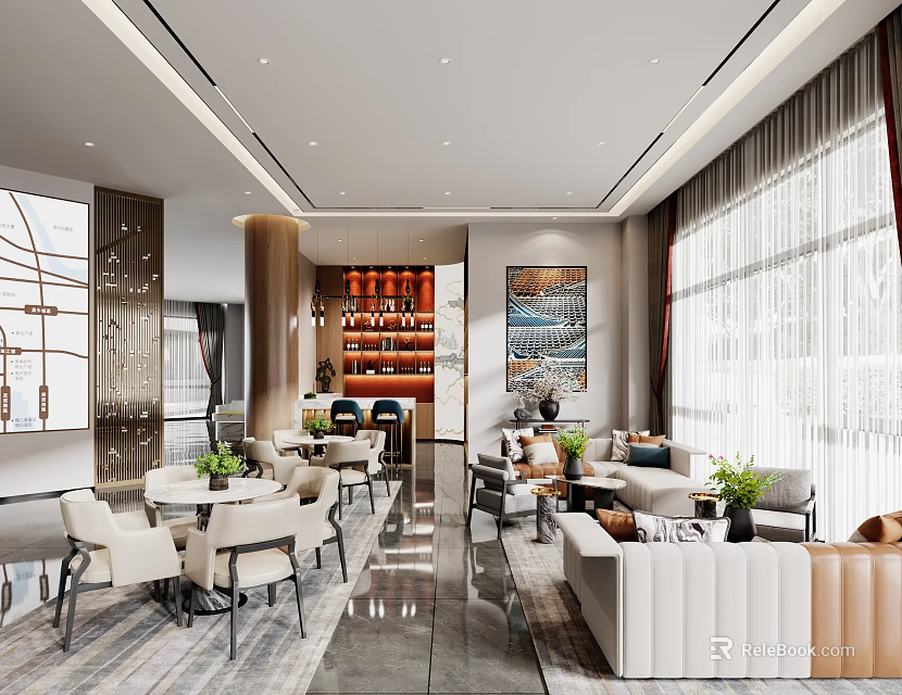 Modern Elegant Lounge Area With Tables Chairs Sofas Bar Counter Green Plants And Natural Light 3d model 