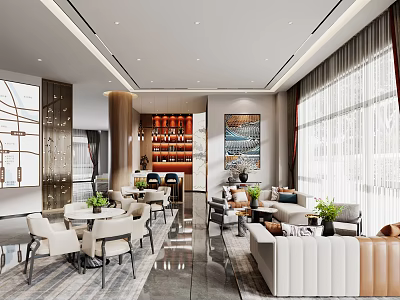 Modern Elegant Lounge Area With Tables Chairs Sofas Bar Counter Green Plants And Natural Light 3d model