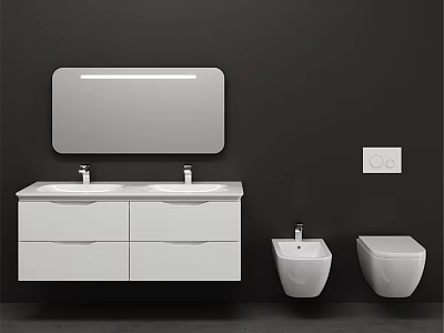 Modern Bathroom Interior With White Double Sink Vanity And Lighted Mirror 3d model