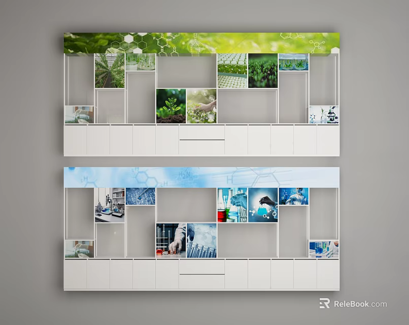 Modern Wall Mounted Shelving Unit With Multiple Compartments For Green And Blue Themed Decor 3d model 