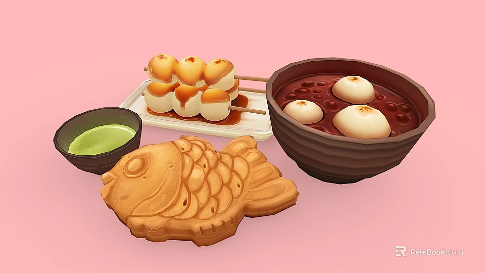 Traditional Japanese Desserts Including Taiyaki Dango Skewers Mochi And Matcha Sauce 3d model 