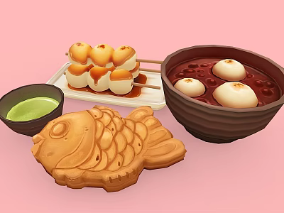 Traditional Japanese Desserts Including Taiyaki Dango Skewers Mochi And Matcha Sauce 3d model