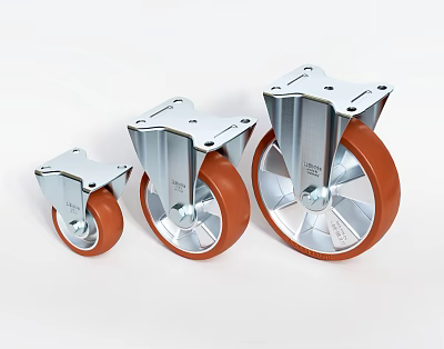 Durable Industrial Casters With Metal Brackets And Orange Rubber Treads In Various Sizes 3d model