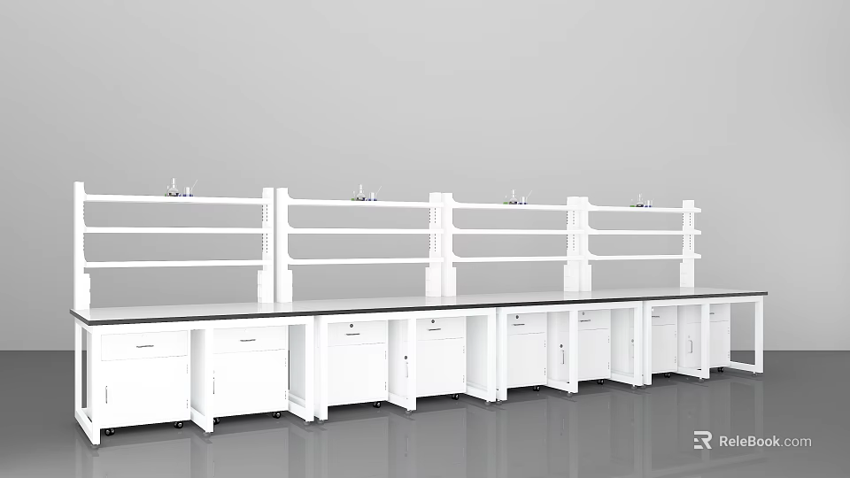 White Functional Table with Multiple Drawers and Upper Shelves for Laboratory Workshop Use 3d model