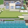 Residential Garden Landscape Design With Green Lawn Trees Pathways And Water Feature