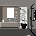 Modern Bathroom Interior Design With Wooden Vanity Large Mirror Glass Shower Enclosure And Decorative Mural