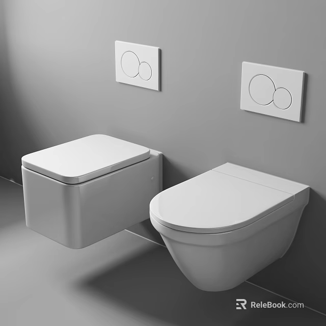 Two White Wall Mounted Toilets With Wall Mounted Circular Button Control Panels 3d model