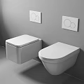 Two White Wall Mounted Toilets With Wall Mounted Circular Button Control Panels 3d model