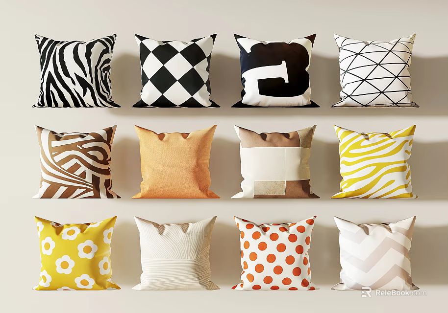 Decorative Throw Pillows Featuring Geometric Stripe Polka Dot And Solid Patterns In Different Colors 3d model