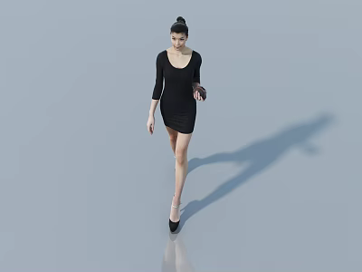 Woman in black dress with bun walking on light blue backdrop with reflection and shadow 3d model