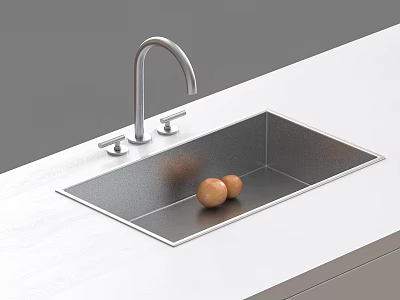 Stainless Steel Kitchen Sink with Faucet and Two Eggs on White Countertop 3d model