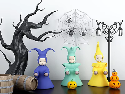 Halloween Ornament Set with Black Tree Spider Web Blue Green Yellow Hooded Figurines Pumpkin Barrels 3d model