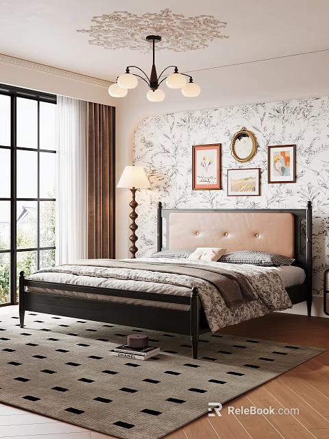 Elegant Bedroom Design With Beige Upholstered Headboard Floral Wallpaper And Framed Artworks 3d model 