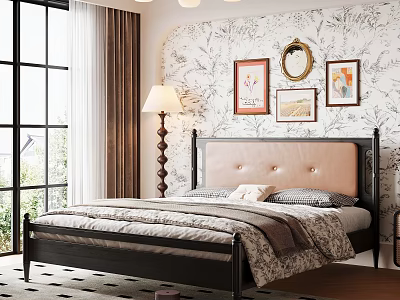 Elegant Bedroom Design With Beige Upholstered Headboard Floral Wallpaper And Framed Artworks 3d model