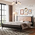 Elegant Bedroom Design With Beige Upholstered Headboard Floral Wallpaper And Framed Artworks
