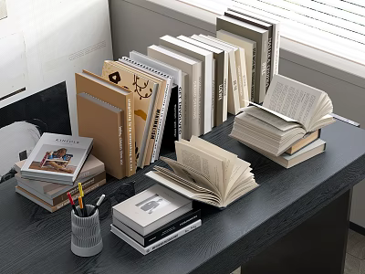 Open and Stacked Books Magazines on Black Desk with Pen Holder Pencils Near Window 3d model