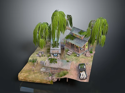 Miniature Cabin Scene With Willow Trees Small Pond Car And Wooden Path 3d model