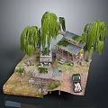 Miniature Cabin Scene With Willow Trees Small Pond Car And Wooden Path