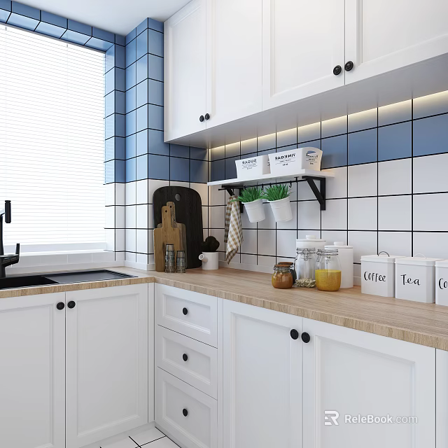 Modern White Kitchen Cabinets With Blue And White Tiled Backsplash Wooden Countertop And Tea Canisters 3d model 
