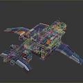 Detailed Sci Fi Spaceship Model In Blue Orange With Wing And Engine Structure Design 3d model