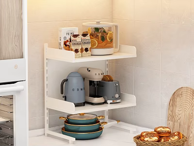 Practical Kitchen Storage Shelf With Coffee Maker Toaster Tea Pot Pans And Bread Basket 3d model