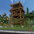 Traditional Garden Landscape Featuring Wooden Tower Lush Green Plants Banana Orange Trees Grass Pathway