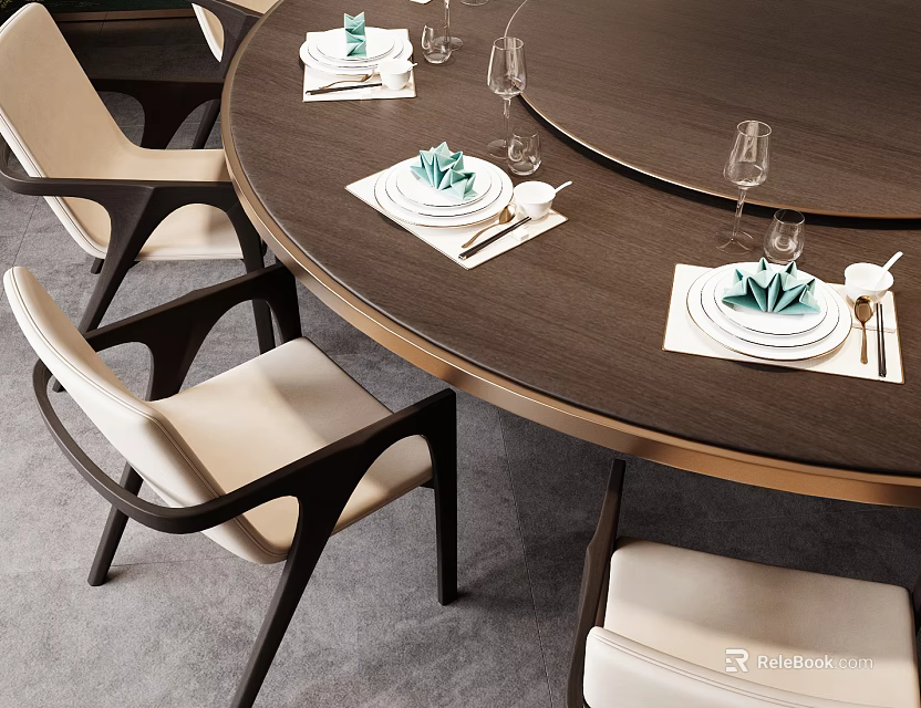 Elegant Tableware Set on Round Dining Table with Beige Chairs Green Napkins and Wine Glasses 3d model 