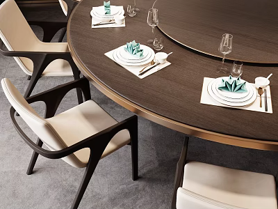 Elegant Tableware Set on Round Dining Table with Beige Chairs Green Napkins and Wine Glasses 3d model