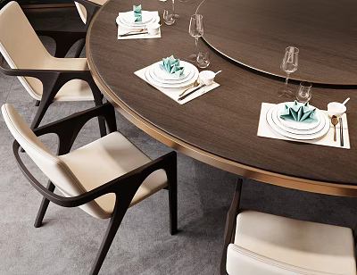 Elegant Tableware Set on Round Dining Table with Beige Chairs Green Napkins and Wine Glasses 3d model
