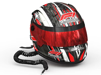Formula 1 Racing Helmet With Red Black White Stripes Red Visor And Spiral Cable 3d model