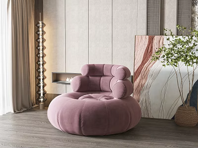 Pink Round Velvet Single Sofa in Modern Living Room with Stylish Decor and Green Plants 3d model