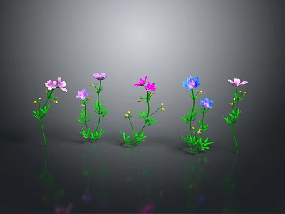Colorful Flowers with Green Stems and Leaves on Gray Background with Reflective Surface 3d model