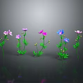 Colorful Flowers with Green Stems and Leaves on Gray Background with Reflective Surface