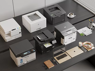 Various Modern Office Appliances Including Printers And Multifunctional Devices On Office Desk 3d model