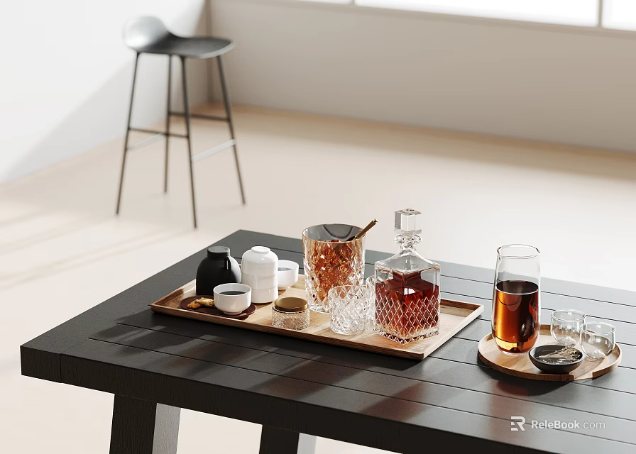 Wine Decanter And Glasses Arranged On Tray In Modern Interior 3d model 