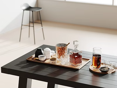 Wine Decanter And Glasses Arranged On Tray In Modern Interior 3d model