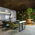 Modern Reception Area Featuring Three Tiered Wooden Planter Green Plant Stone Wall and Wooden Ceiling