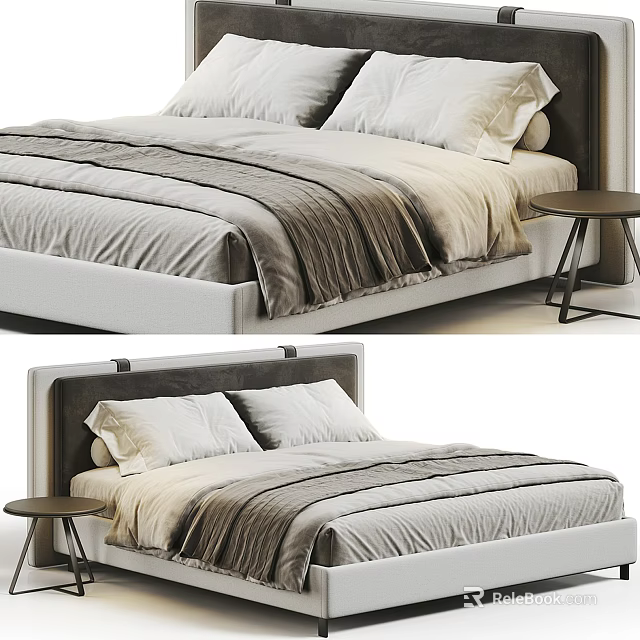 Modern Double Bed With Upholstered Headboard Beige Grey Bedding And Side Table 3d model 