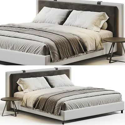 Modern Double Bed With Upholstered Headboard Beige Grey Bedding And Side Table 3d model