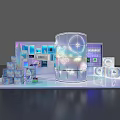 Modern Exhibition Booth With Transparent Cylinder Lighting Digital Screens And Display Elements 3d model